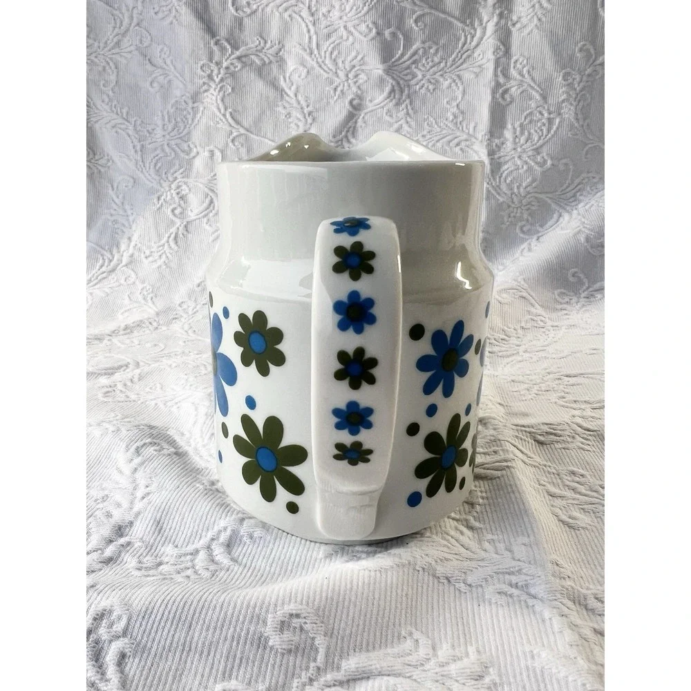 Vintage 60's Blue Green Floral Pitcher Whimsy Home Decor - Picture 3 of 4